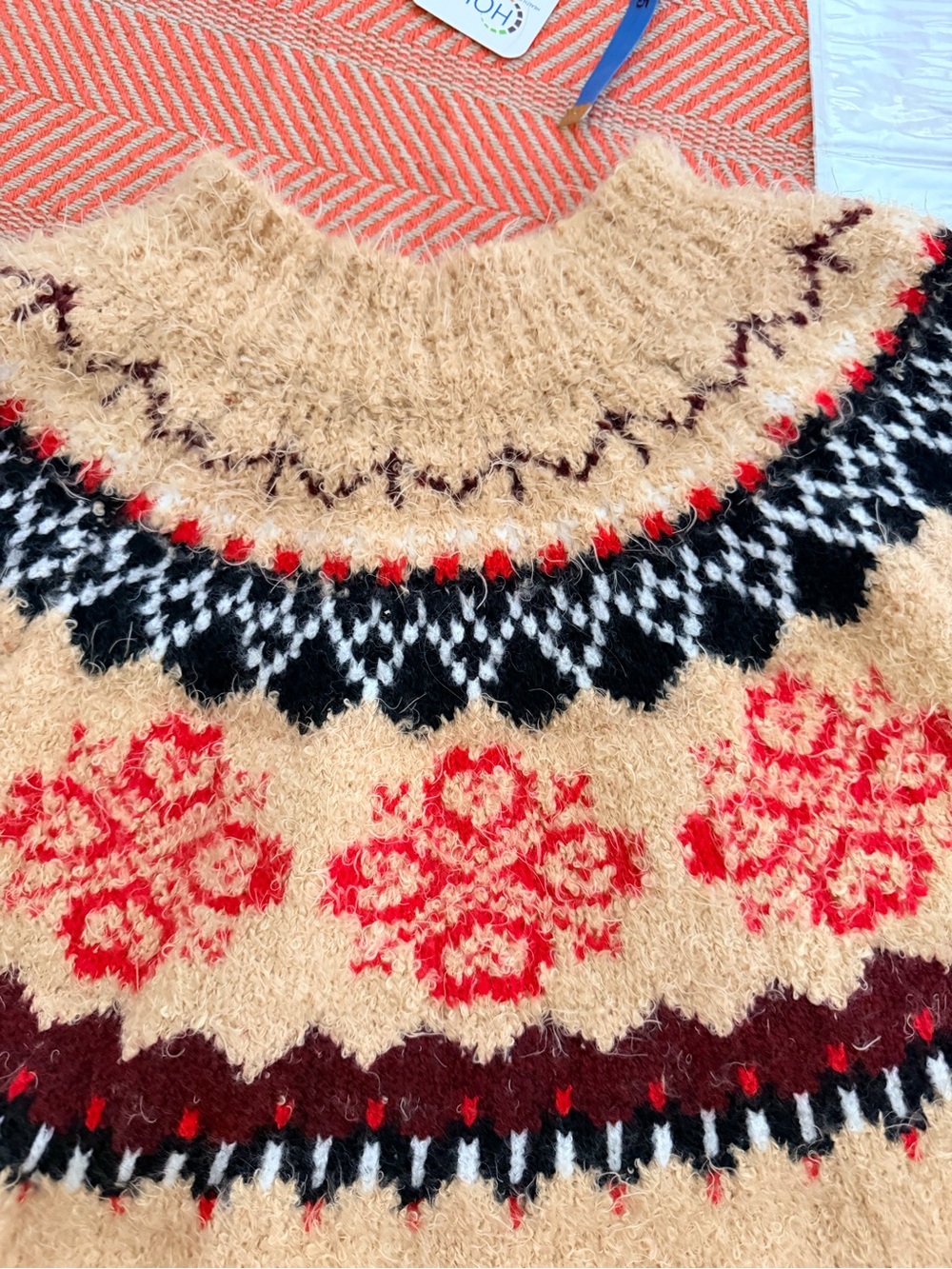 Beige Fair Isle Knit Sweater with Red Accents